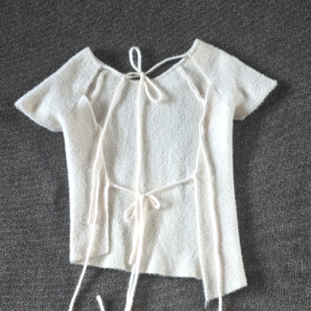 Zara Cream Knit Sweater Blouse With Open Bare Back with Tie Detail